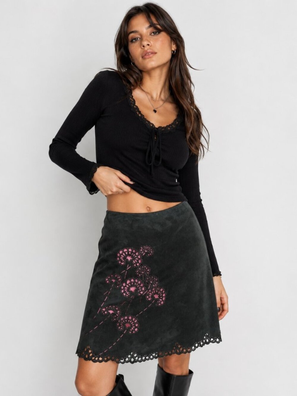Vintage Black Suede Leather Skirt Pink Cutout Floral A-Line Size 10 Y2K Whimsy